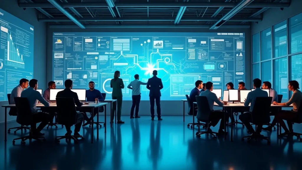 Teams collaborating in a modern workspace, leveraging Scaled Agile Solutions to drive digital transformation and business agility