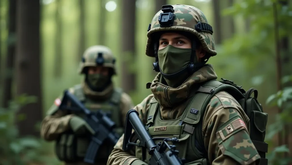 A soldier wearing digital camouflage in a dense forest, blending seamlessly with the environment. The pixelated pattern disrupts outlines for enhanced concealment. A comparison inset shows traditional vs. digital camouflage patterns.