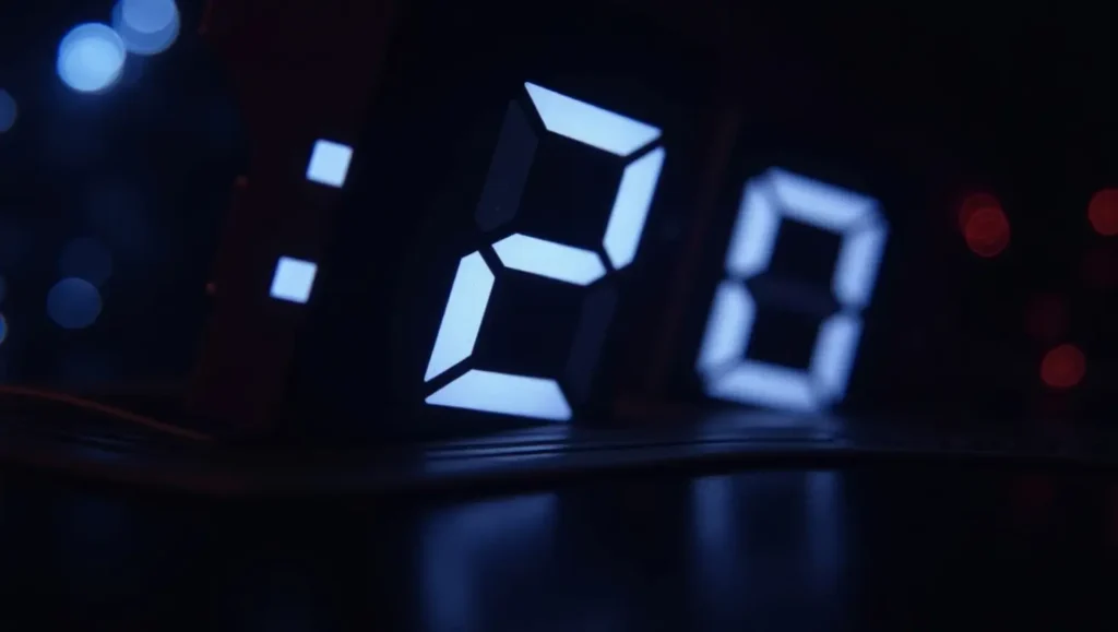 How a Digital Clock Displays the Number 2 A close-up of a digital clock showing the number 2 on a seven-segment LED display with illuminated segments.