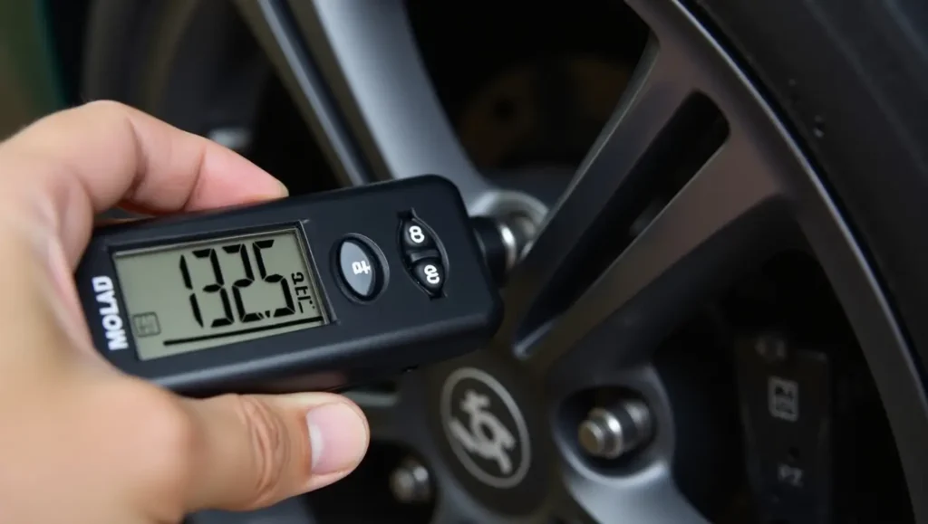 A digital tire pressure gauge displaying a PSI reading while being used on a car tire valve, with a person's hand holding it securely