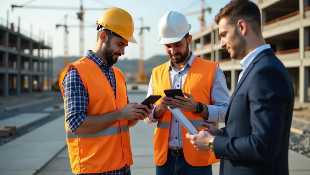 Construction workers using tablets and mobile devices to log daily tasks on a digital work log app, with a project manager reviewing reports on a laptop at an active construction site.