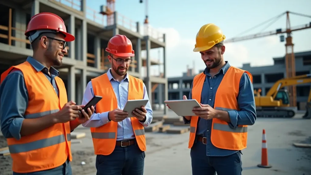 How a Cuaderno de Obra Digital Enhances Construction Site Management A construction worker using a tablet to update a digital work log on-site, ensuring real-time tracking and project documentation