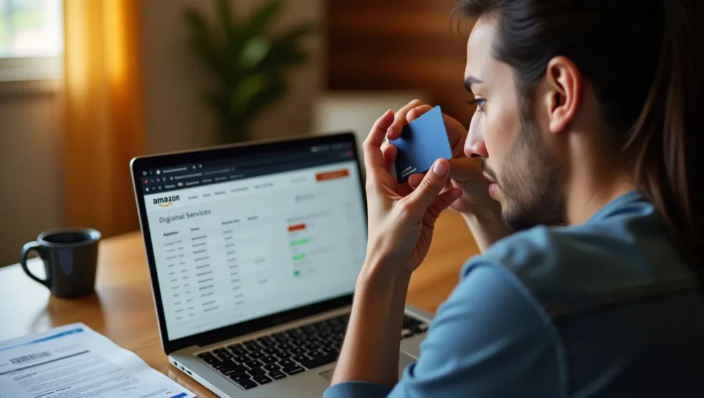 A puzzled person checking their laptop screen with an Amazon Digital Services charge displayed, holding a credit card with a bank statement nearby