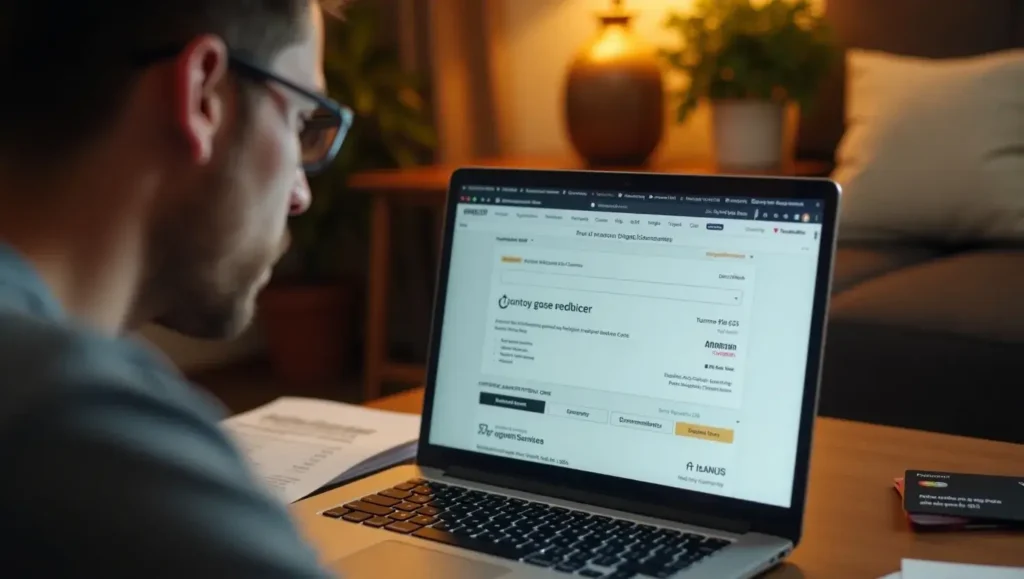 A concerned person looking at a laptop screen displaying an Amazon Digital Services charge, with a credit card and bank statement nearby in a home office setting
