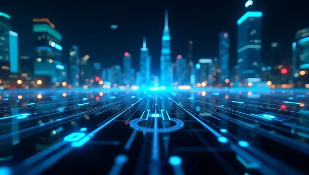 The Future of Digital Technology: AI, IoT, and Innovation A futuristic digital city with glowing neon lights, AI-powered automation, IoT-connected devices, blockchain security, and a high-speed 5G network, representing the evolution of digital technology.