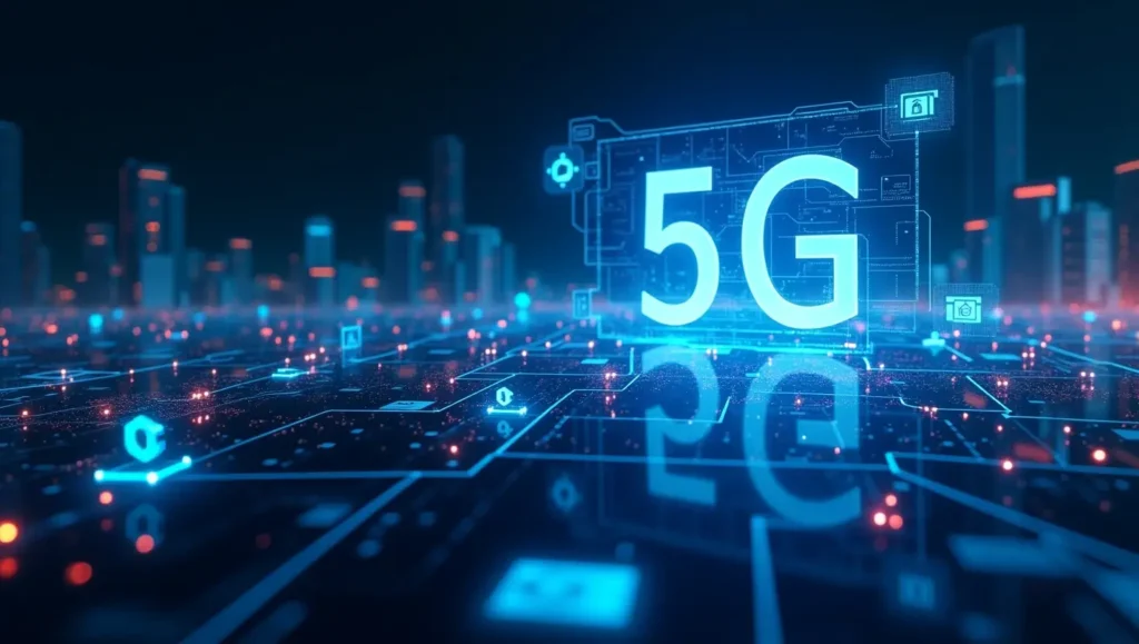 A high-tech futuristic city illuminated with neon lights, showcasing AI-driven automation, IoT-connected devices, 5G networks, blockchain security nodes, and virtual reality interfaces.