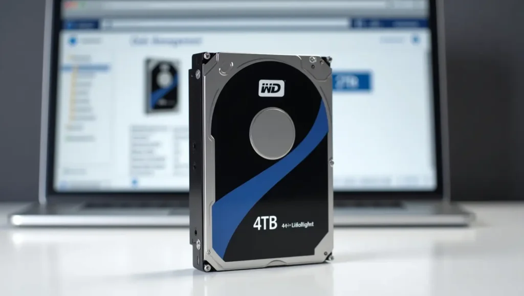 A person using a computer to adjust partition settings on a Western Digital 4TB external hard drive