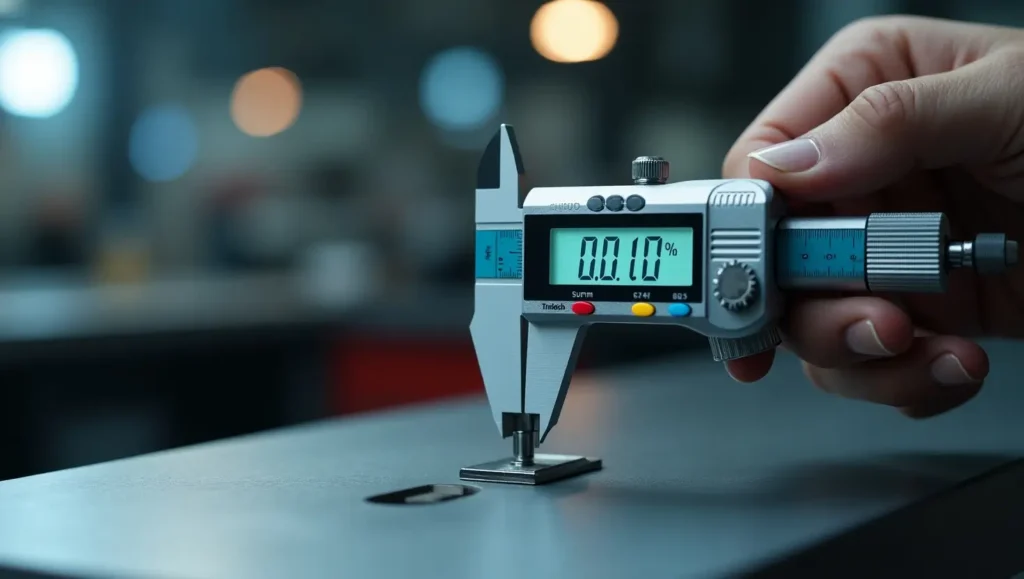 Close-up of a digital micrometer measuring a metal component, displaying precise digital readouts for high-accuracy measurement