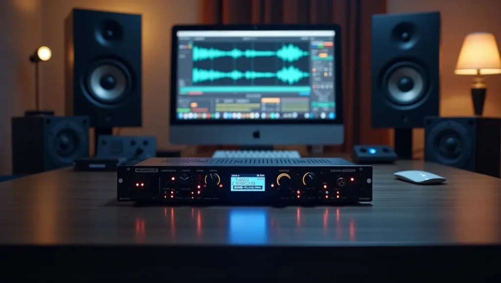 A modern digital sound processor on a professional audio workstation, displaying soundwave adjustments and equalizer settings, with a home studio setup in the background