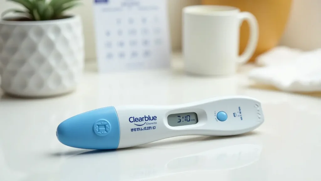 Clearblue Digital Ovulation Test showing a smiley face, indicating peak fertility, placed on a white countertop with a calendar in the background