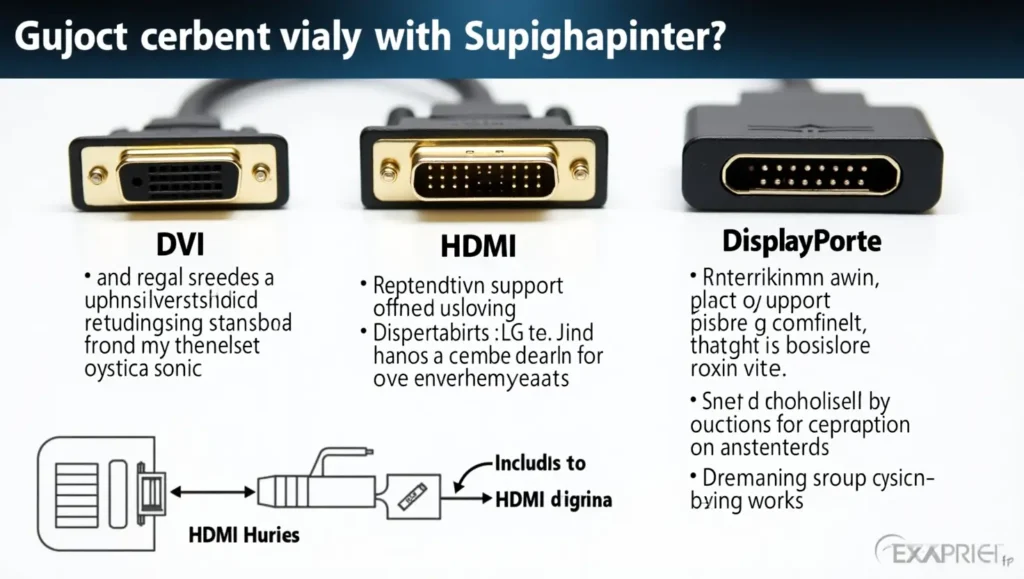 A comparison infographic showing DVI, HDMI, and DisplayPort connectors, highlighting their differences in resolution support, signal type, and compatibility