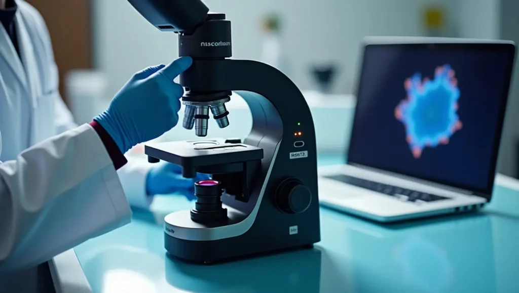 Advanced Digital Microscope for Scientific Research A high-tech digital microscope with an LCD screen displaying a magnified sample in a laboratory setting
