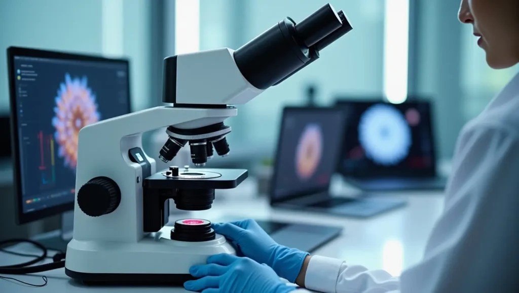 Modern digital microscope with a built-in screen displaying a magnified sample, with a scientist adjusting the focus knob in a well-lit laboratory