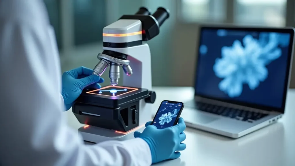 Cutting-Edge Digital Microscope for Precision Imaging Close-up of a modern digital microscope displaying a magnified sample on its built-in screen, with a scientist adjusting the focus knob in a laboratory setting