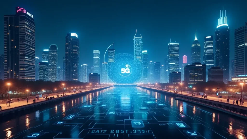 A high-tech futuristic city with holographic displays, AI-powered robots, IoT-connected smart devices, and a glowing 5G network, symbolizing the evolution of digital technology.