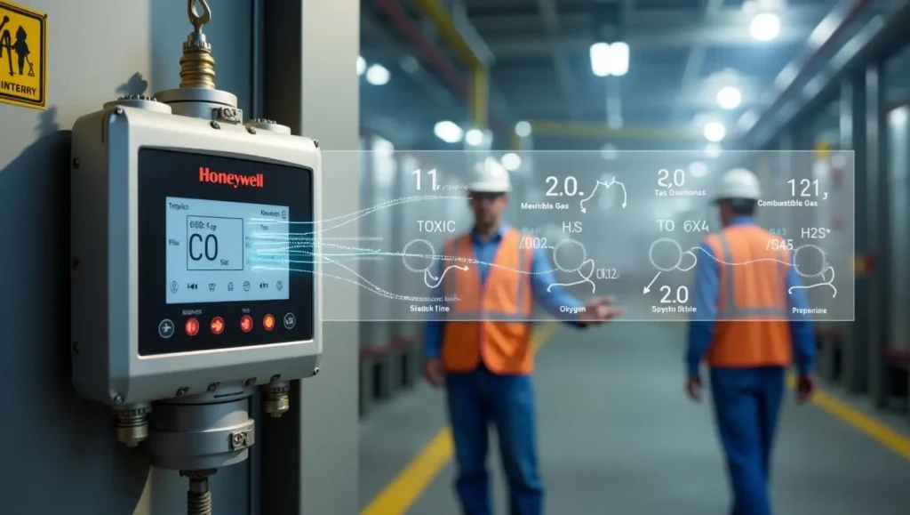 Honeywell XNX Gas Detector mounted in an industrial environment, displaying real-time gas detection data with hazardous gas warnings