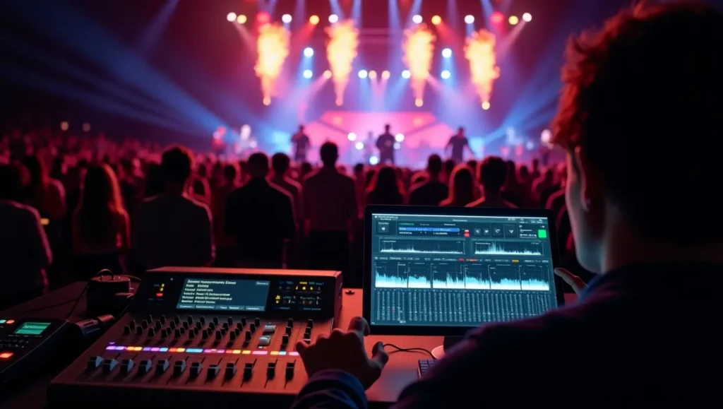 Sound Engineer Using a Digital Mixer for Live Audio Control A sound engineer adjusting audio levels on a digital mixer during a live concert, with a touchscreen displaying real-time sound waves and EQ settings