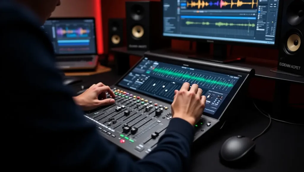 A modern digital mixer with a touchscreen interface and multiple audio channels