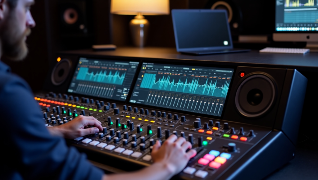 Digital Mixer: What It Is, How It Works Sound engineer adjusting levels on a professional digital mixer in a studio