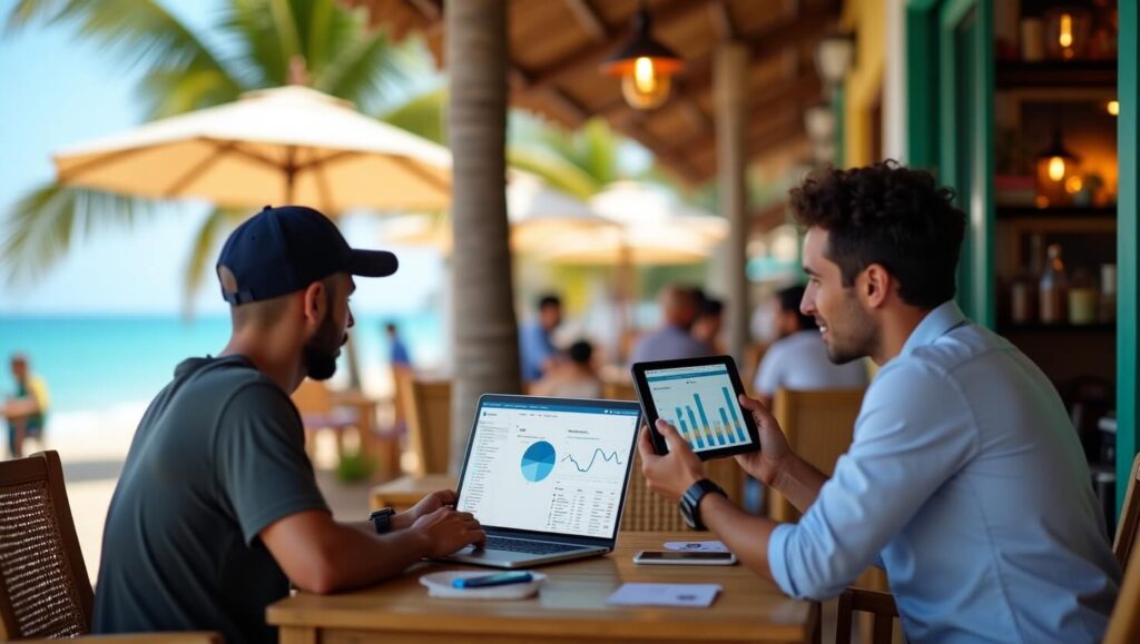 Digital Marketing in Zanzibar – Grow Your Business Online A freelancer working on a laptop at a beachside café in Zanzibar, analyzing digital marketing data, while a local business owner checks online sales on a tablet, with a vibrant marketplace in the background