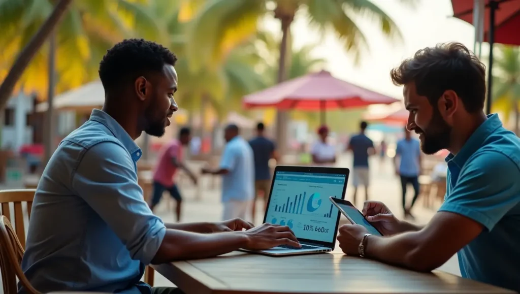 A freelancer working on digital marketing strategies at a beachside café in Zanzibar, with a laptop displaying analytics, while a local business owner checks social media marketing stats on a tablet