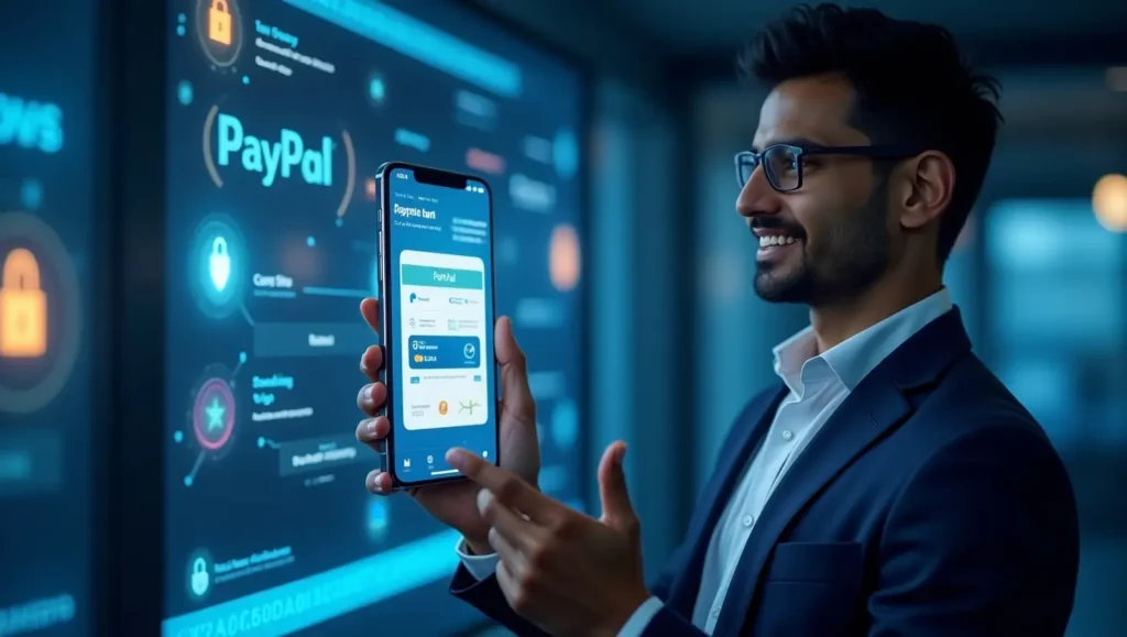 A futuristic digital payment concept featuring Prince Narula promoting PayPal, with a smartphone displaying a secure transaction and a digital financial background Prince Narula Digital PayPal