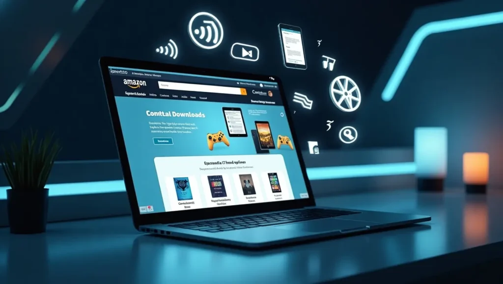 Laptop screen displaying Amazon Digital Downloads with icons representing eBooks, music, movies, and software in a futuristic digital workspace