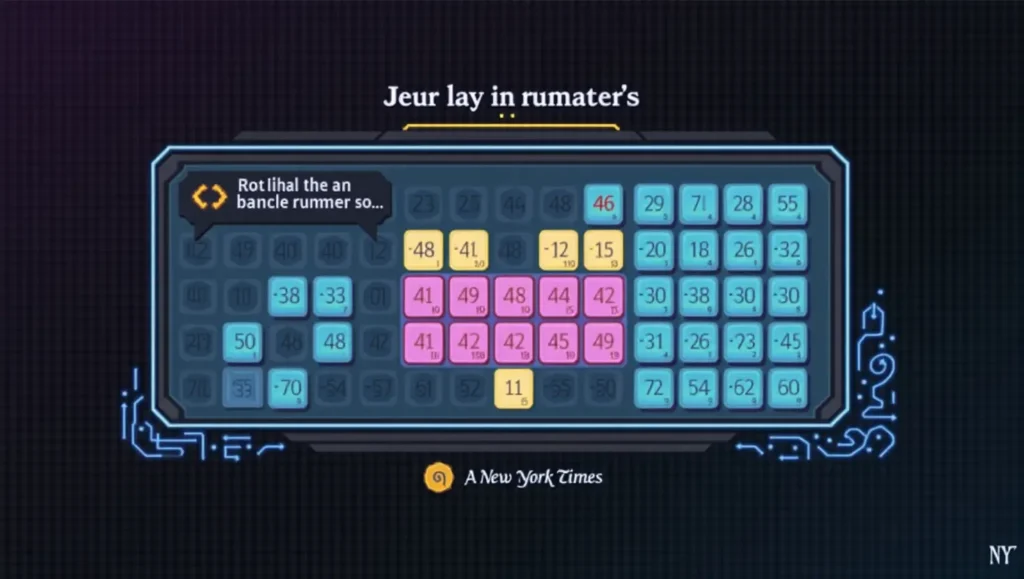 Futuristic digital puzzle screen featuring numbers, addition, subtraction, and multiplication symbols for an engaging NYT Digits challenge