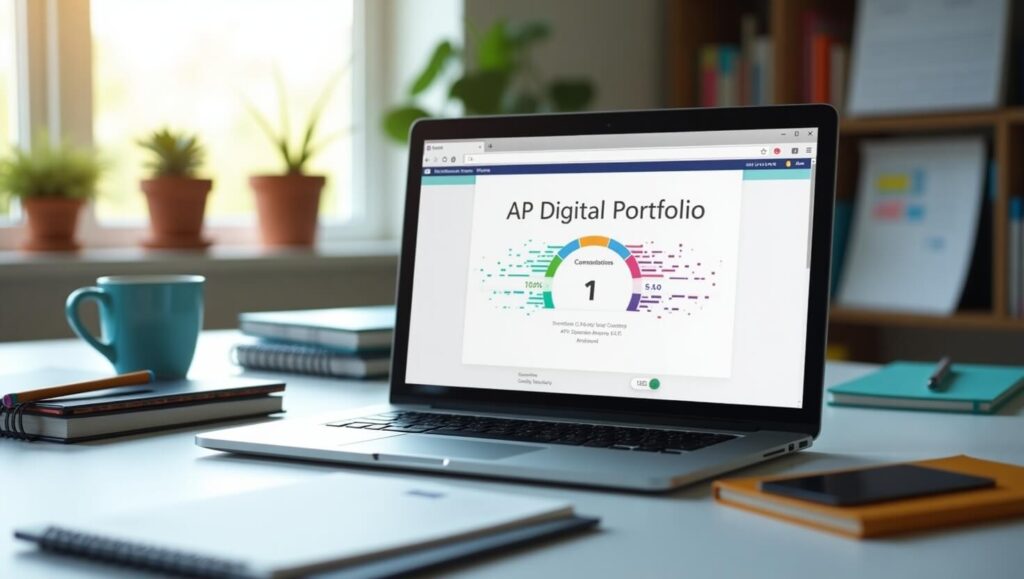 A student submitting an AP Digital Portfolio on a laptop, with a progress bar indicating submission status in a well-organized study environment