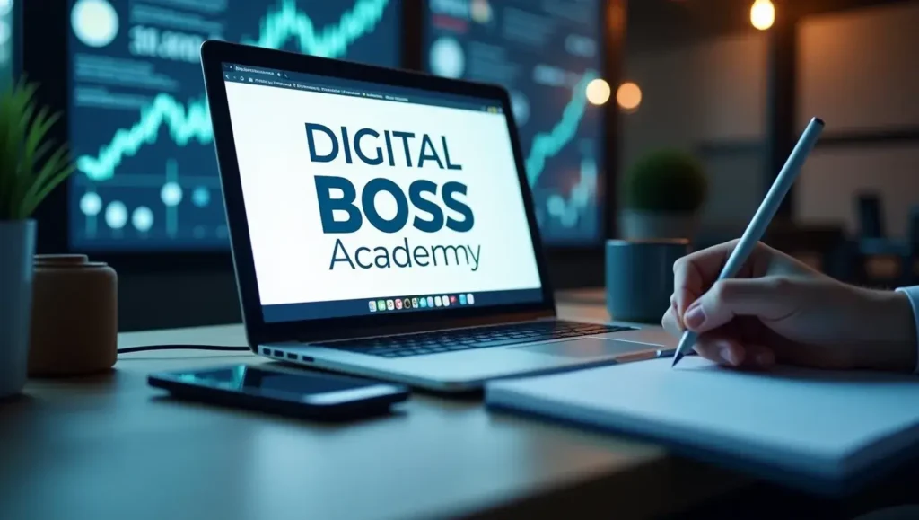 Workspace with a laptop displaying Digital Boss Academy, surrounded by business charts and digital marketing icons, symbolizing online entrepreneurship