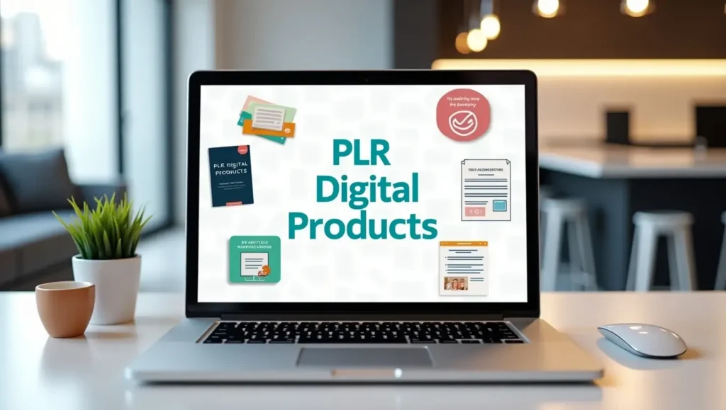 Unlocking Profits with PLR Digital Products: A Smart Business Strategy A laptop on a desk displaying 'PLR Digital Products' with digital assets like ebooks, courses, and templates, representing online business opportunities