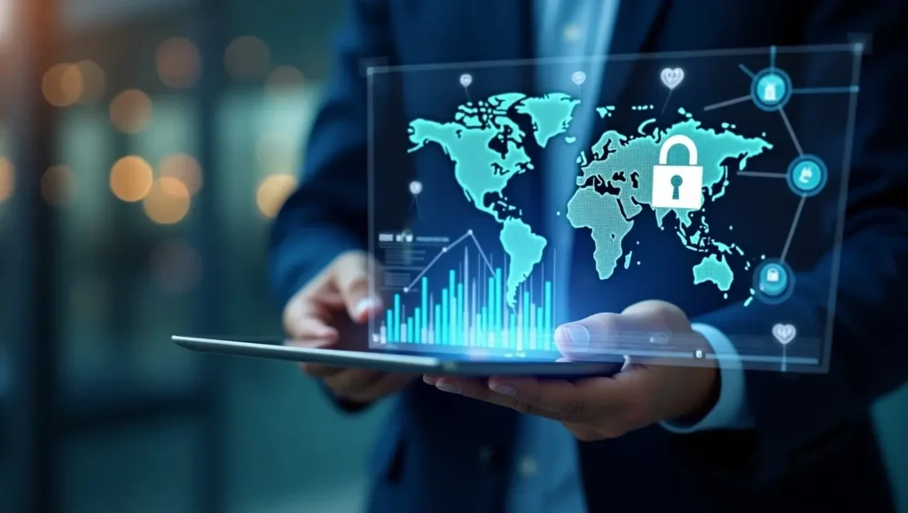 A professional using a tablet to approve a digital transaction, with floating e-signatures, encryption symbols, and a holographic workflow interface representing secure and paperless transactions.