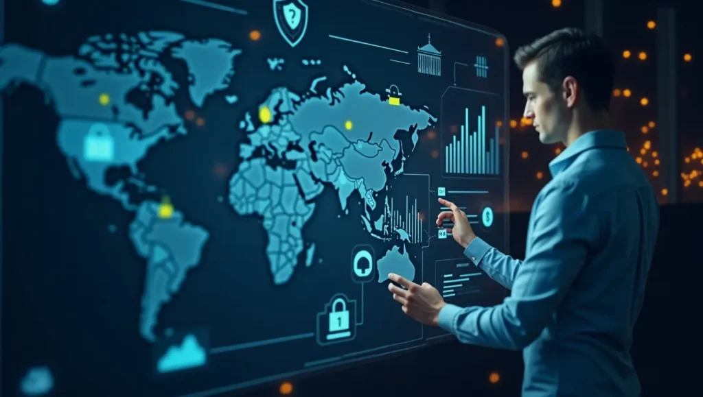 A business professional analyzing Digital River’s payment processing dashboard with global transaction icons, tax compliance data, and security symbols