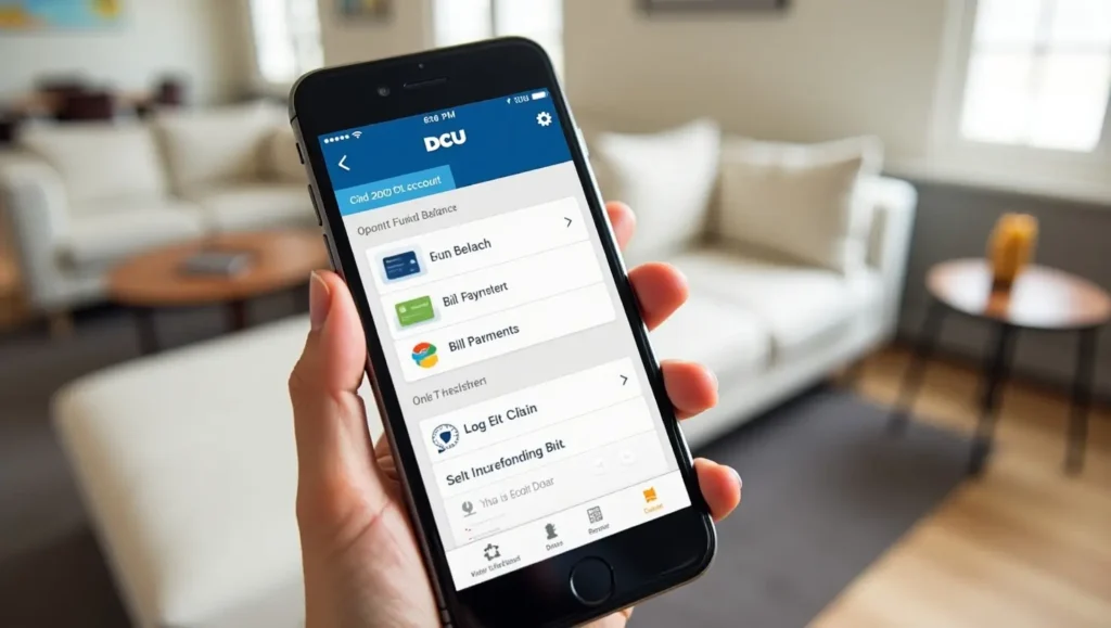 User holding a smartphone displaying the DCU digital banking app, showing account balance, fund transfers, and bill payments for seamless online banking