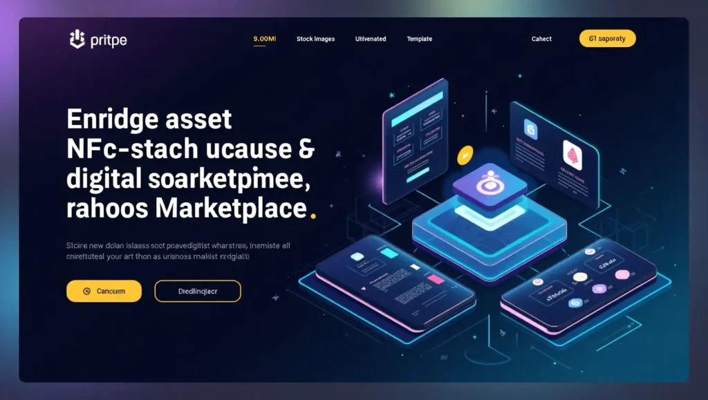 Biitland.com digital assets marketplace showcasing NFTs, stock images, templates, and domains in a modern UI