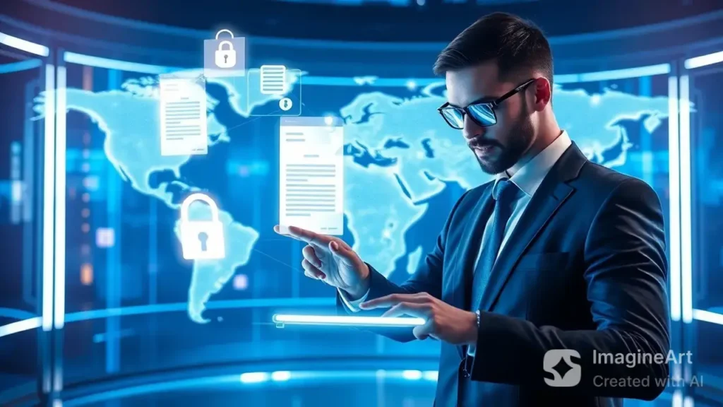 A futuristic cityscape with glowing neon lights, AI-driven automation, IoT-connected smart devices, blockchain security nodes, and high-speed 5G networks, representing the digital transformation.
