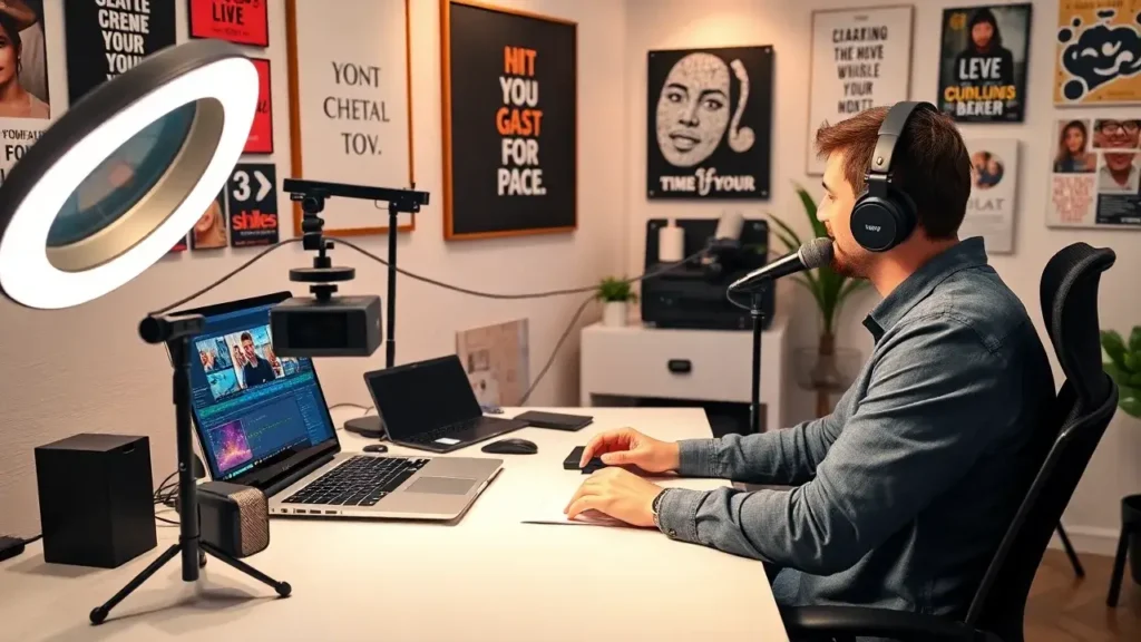 A digital creator working on content creation with a laptop, camera, microphone, and ring light in a creative workspace