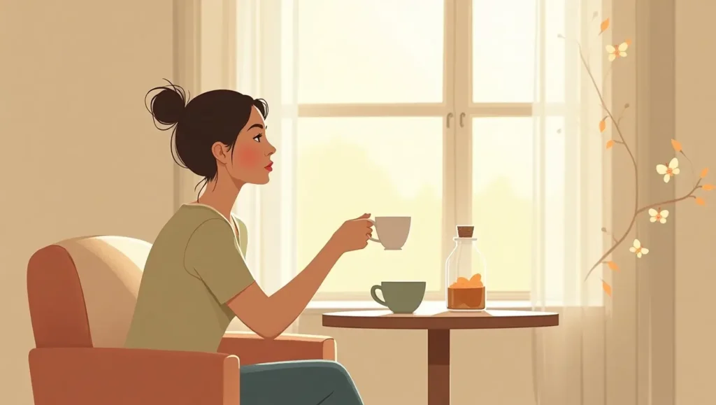 AnkinsArt digital illustration of a woman sipping tea at a sunlit window with soft colors and minimalist decor.