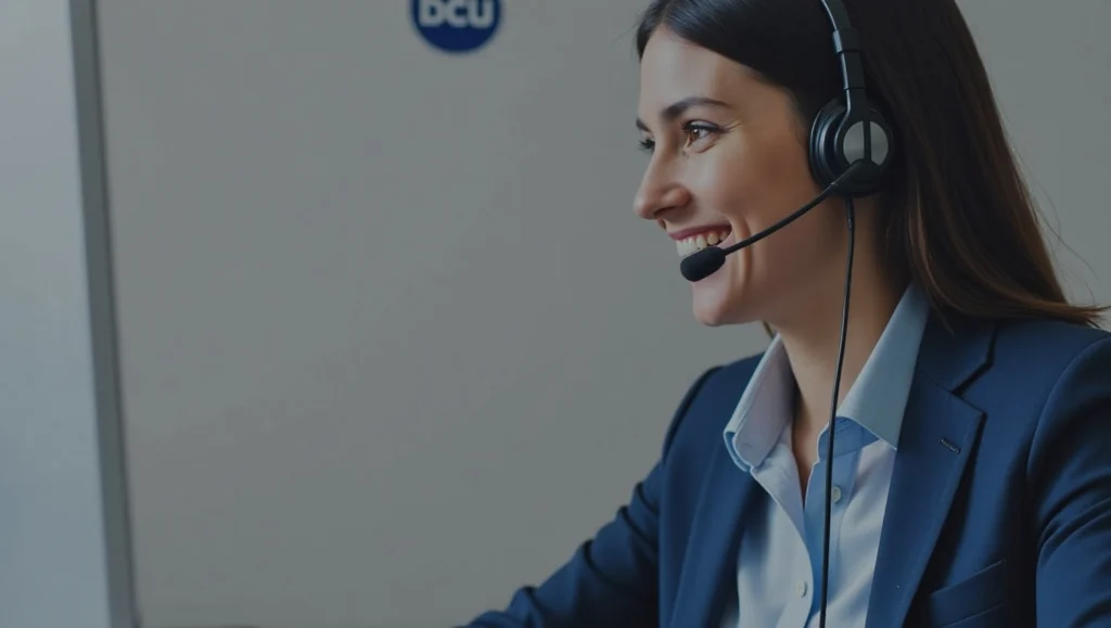 Infographic showing DCU customer service contact methods: phone, live chat, app, and email