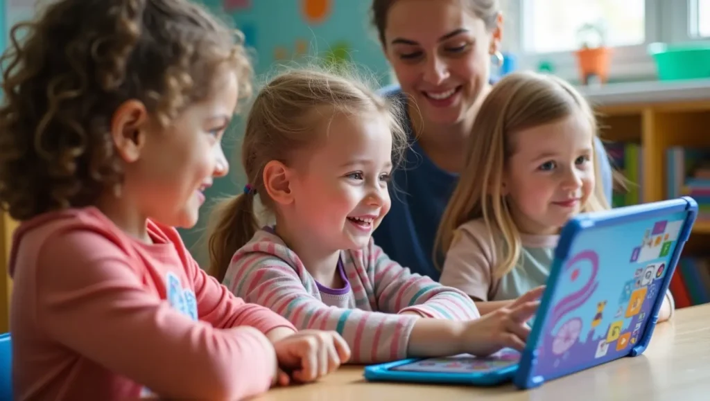 Children using tablets in a classroom with teacher guidance during digital play session
