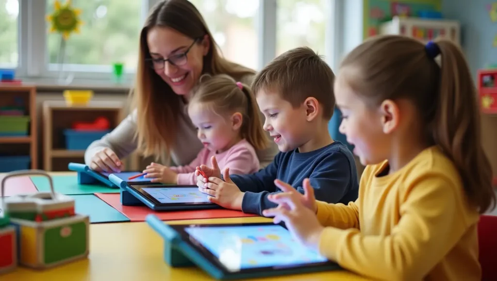 Kids playing educational games on tablets in a colorful learning environment