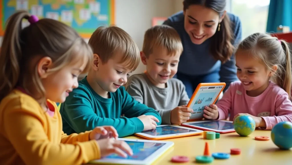 Teacher assisting children during a digital learning activity on tablets