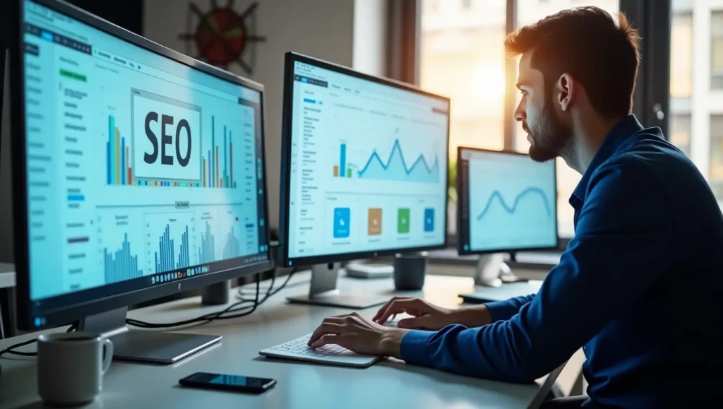 Digital marketing strategist analyzing SEO data on a multi-monitor setup in a modern workspace.