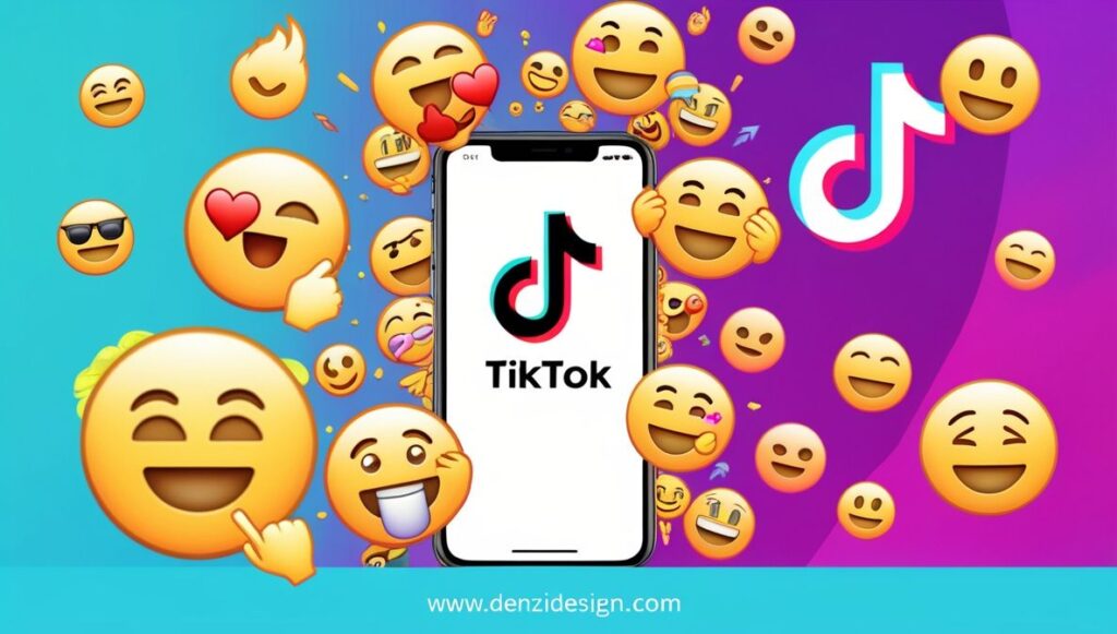 “Colorful TikTok emojis and emoji codes floating around a smartphone with TikTok logo”