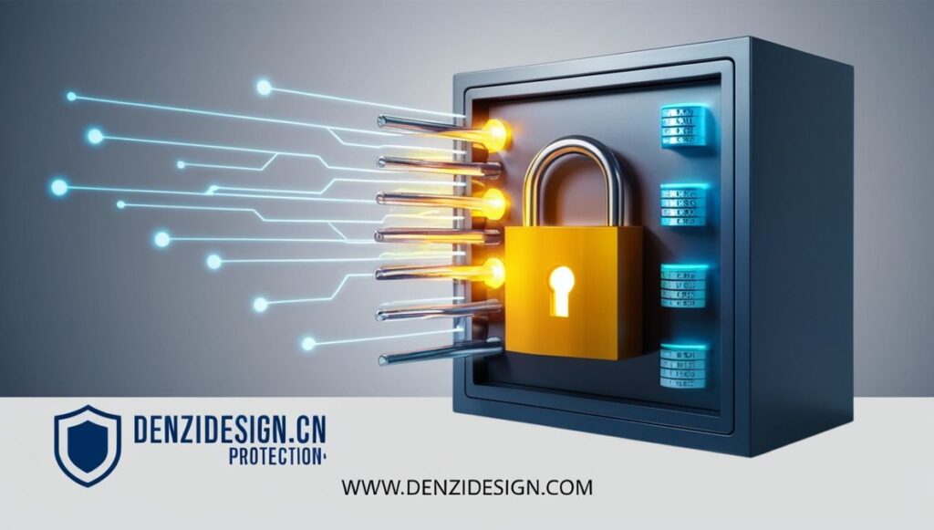 Digital vault with glowing locks and encryption symbols.