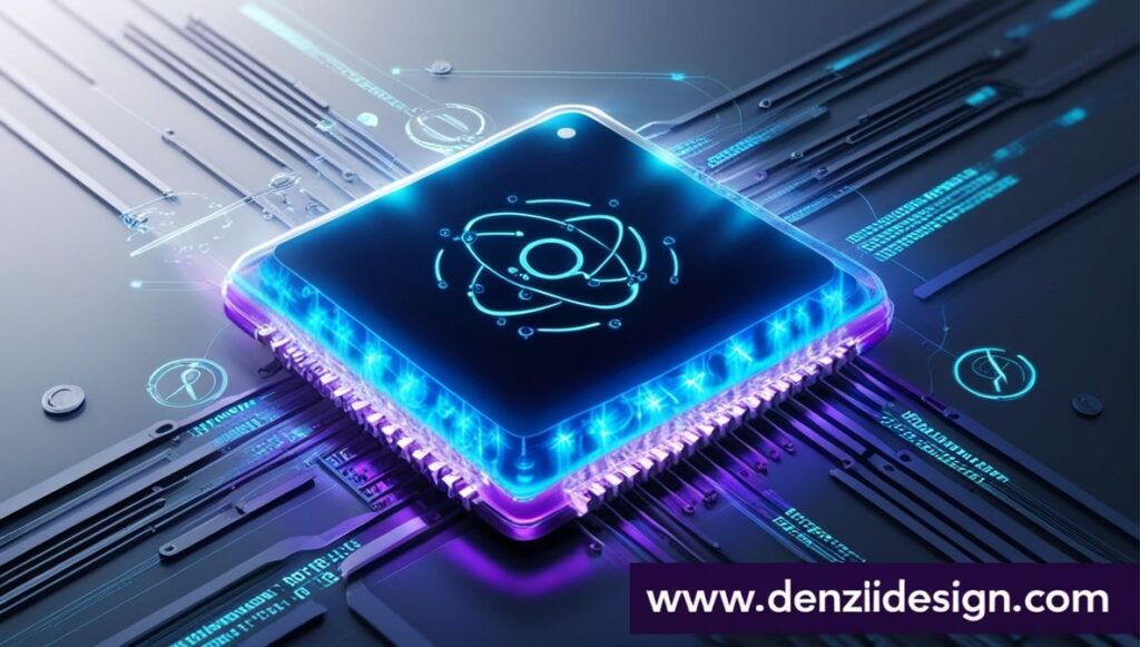 Glowing quantum computer chip with digital data streams.