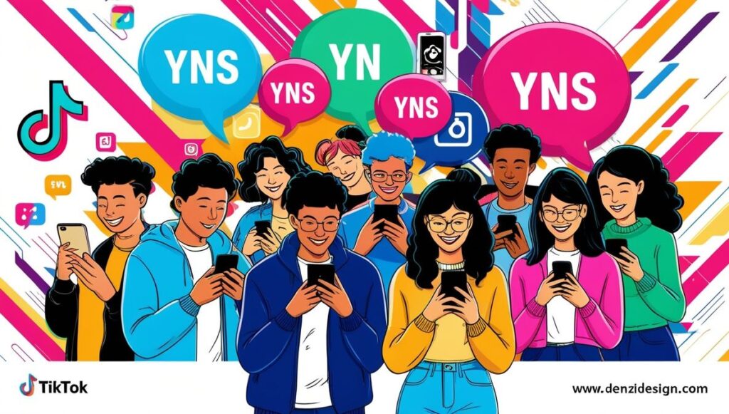 Young diverse teens using smartphones with colorful TikTok slang bubbles including “YNS” and “Youngins” highlighting viral TikTok slang and digital youth culture.